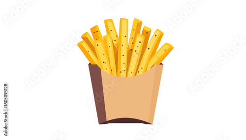 Golden yellow French fries with pepper seasoning in a brown cardboard container, flat vector illustration.