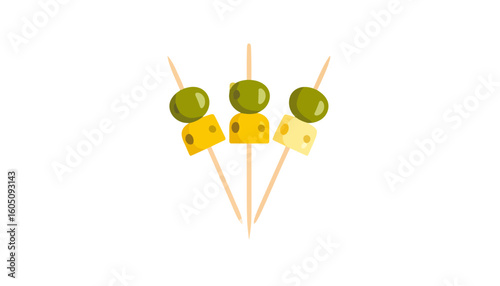 Trio of appetizer skewers with green olives and assorted cheese cubes in a flat vector style.