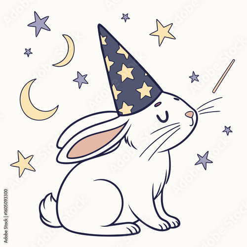 Cute SVG of a Relaxed Bunny in Magical Night colors, featuring wearing a party hat in a Starry night setting