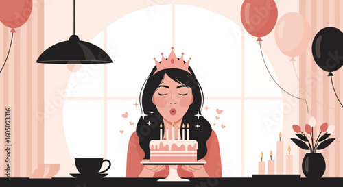 Delightful Birthday Celebration With Pink Balloons And A Crowned Woman