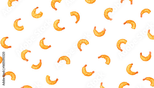 Crispy golden-brown fried shrimp with a crunchy batter texture and visible tail. A cartoon-style illustration of cooked seafood.
