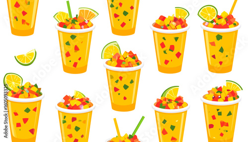 Refreshing mango fruit cup with colorful diced fruit topping and a fresh lime wedge garnish.