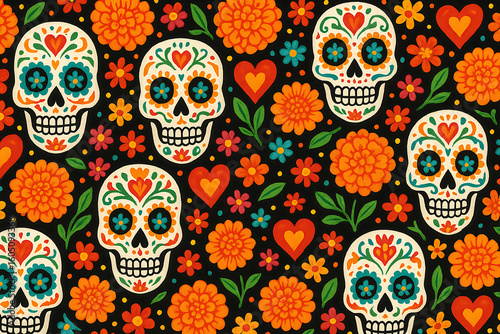 Day of the dead skulls and flowers seamless pattern vector graphic