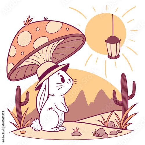 Vector illustration of a Excited Bunny with under a mushroom, styled in a Desert sunset theme using Sundown Glow colors