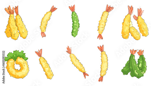 Set of hand-drawn Japanese tempura illustrations, featuring crispy fried shrimp and green vegetables.