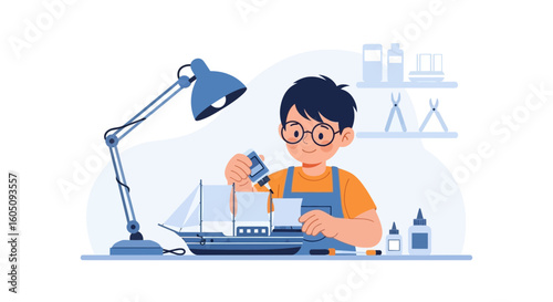 Boy Crafts A Model Ship Hobbyist Concentrating With Glue At His Workspace