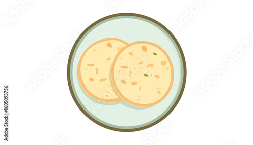 Minimalist illustration of two round, spiced Indian flatbreads, possibly roti or chapati, served on a simple plate.
