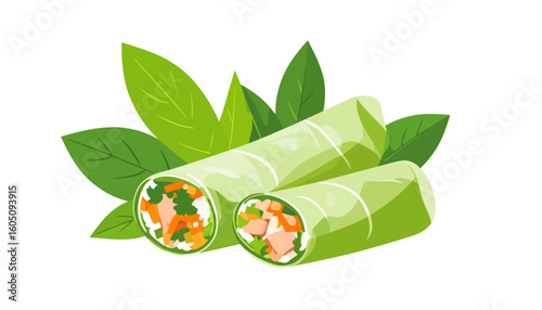 Vector illustration of two fresh Vietnamese summer rolls, one cut to show the colorful filling of shrimp, carrots, and herbs.