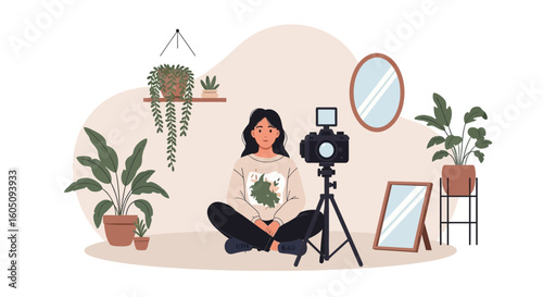 Content Creator Capturing Video In Houseplant Filled Studio Apartment