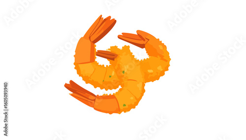 Crispy golden fried tempura shrimp illustration with crunchy panko batter and tails.