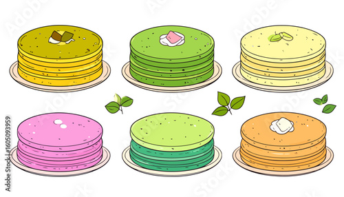 Colorful collection of six illustrated pancake stacks with various delicious toppings, anime style.