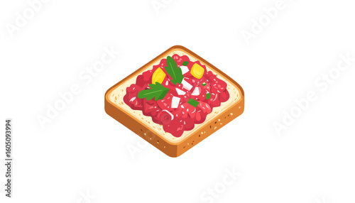 Isometric illustration of steak tartare on toast with raw beef, egg yolk, and onion.