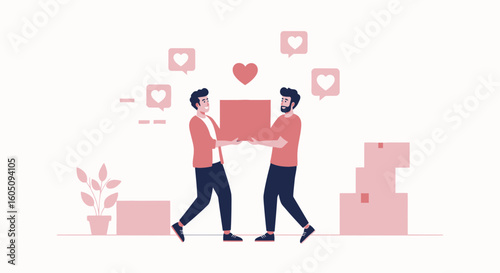 Delivering Love Two Men Carry Box With Heart Sharing Concept