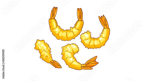 Cartoon style deep-fried shrimp tempura set with golden crispy batter and orange tails.