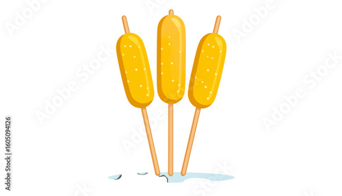 Trio of golden yellow Korean corn dogs with sugar specks on wooden skewers.