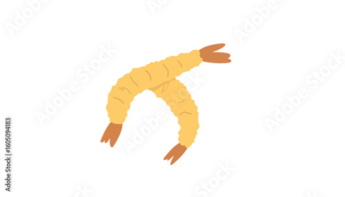 Two golden fried shrimp tempura with crispy batter and exposed tails, flat vector illustration.