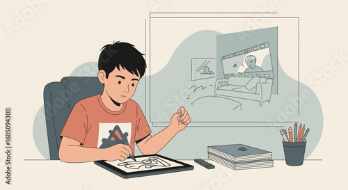Boy Creating Digital Art At Home With Tablet And Stylus Pen Enjoying Hobby