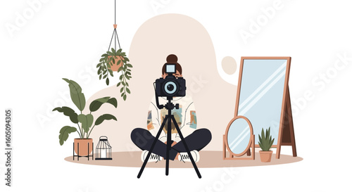 Content Creator Recording Herself With A Camera And Tripod At Home