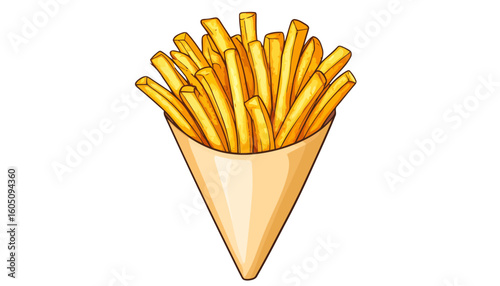 Crispy golden french fries in a beige paper cone, detailed cartoon vector illustration.
