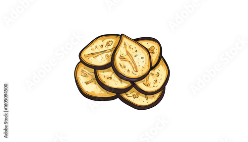 Colorful sketch illustration of piled raw eggplant slices with dark purple skin.