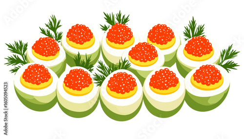 Platter of stuffed eggs topped with red caviar and garnished with fresh dill sprigs.