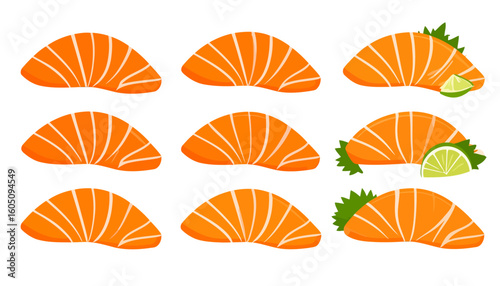 Illustrated set of orange salmon sashimi slices, plain and garnished with lime wedges and green leaves.