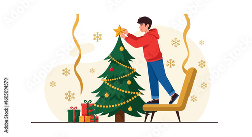 Boy Decorating Christmas Tree Putting Star Holiday Spirit Celebration Time