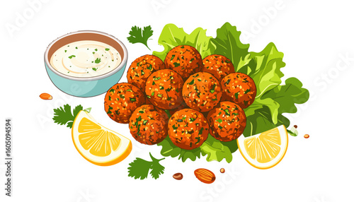Illustrated platter of crispy falafel balls on lettuce, served with creamy tahini sauce, lemon, and herbs.
