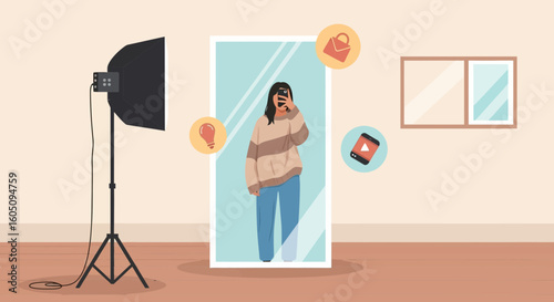 Content Creator Taking Mirror Selfies For Advertising And Promotion Strategy
