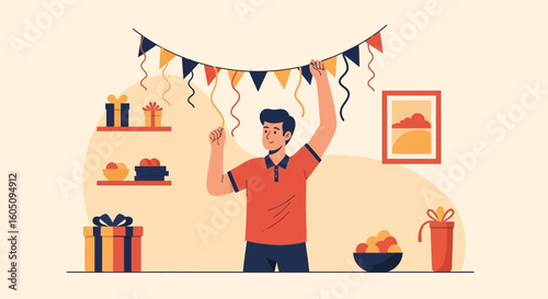 Enthusiastic Man Prepares Festive Decoration For A Celebration Event At Home