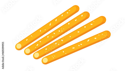 Four salty pretzel sticks illustration, a crunchy baked snack with visible salt crystals.