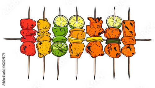 Assorted colorful grilled food kebabs with meat, vegetables, and lime in a comic style illustration.