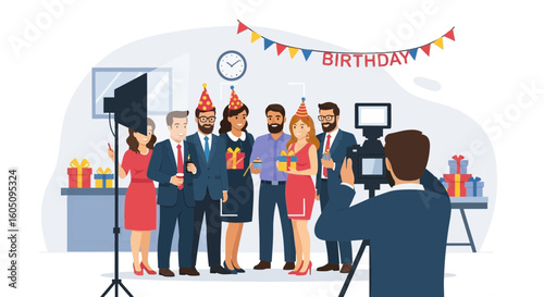Corporate Celebration Team Capturing Birthday Moments In Modern Office Setting