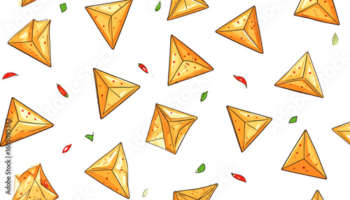 Savory triangular samosas with chili flakes in a hand-drawn cartoon style pattern.
