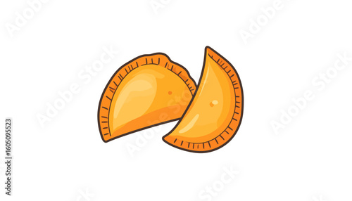 Two golden yellow empanadas with crimped edges, a stylized cartoon illustration of savory pastries.