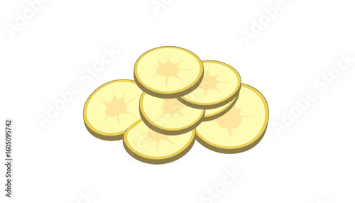 A simple vector illustration of a pile of raw, round potato slices with yellow flesh and skin, ready for cooking.