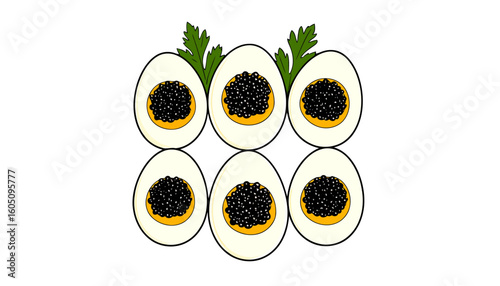 Six hard-boiled egg halves topped with black caviar, a gourmet appetizer garnished with parsley.