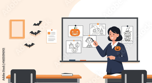 Enthusiastic Teacher Explaining Halloween Drawings on The Whiteboard in Classroom