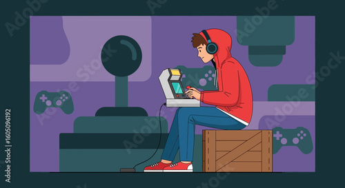 Enthusiastic Teen Immersed In Vintage Arcade Game With Headphones On