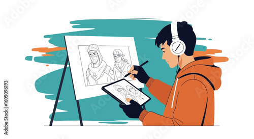 Digital Artist Drawing Comic Characters On Tablet At His Studio Or Home