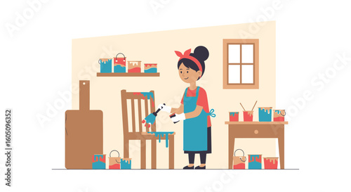 Enthusiastic Woman Painting Old Chair in Colorful Paint Inside the Room