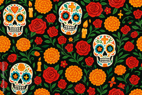Day of the dead sugar skull floral seamless pattern vector background