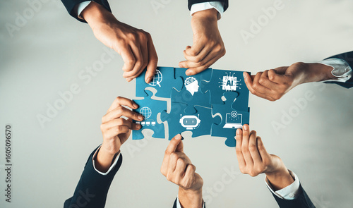 Foto Top view panorama banner of business team assembling jigsaw puzzle over table symbolize business partnership and collective teamwork for HR recruitment and job seeker background