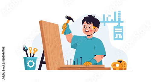 Enthusiastic Young Carpenter Working Diligently On A Creative Woodworking Project