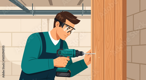 Diligent Craftsman Skillfully Drilling Into Wood For Home Renovation Project