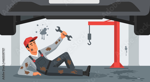 Diligent Mechanic Repairing A Vehicle With Wrench In Auto Repair Shop