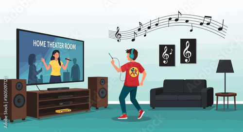 Boy Enjoys Music In The Living Room Home Theater With Big Screen