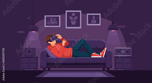 Boy Enjoys Virtual Reality Experience On Sofa At Home In Comfortable Atmosphere