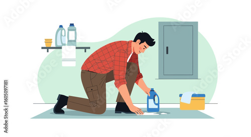 Diligent Man Cleaning Up a Spilled Liquid in Laundry Room