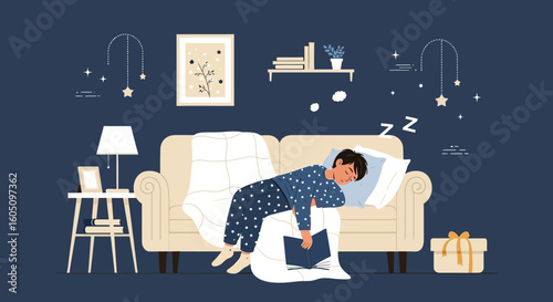 Boy Fell Asleep On The Sofa While Reading A Book During The Night